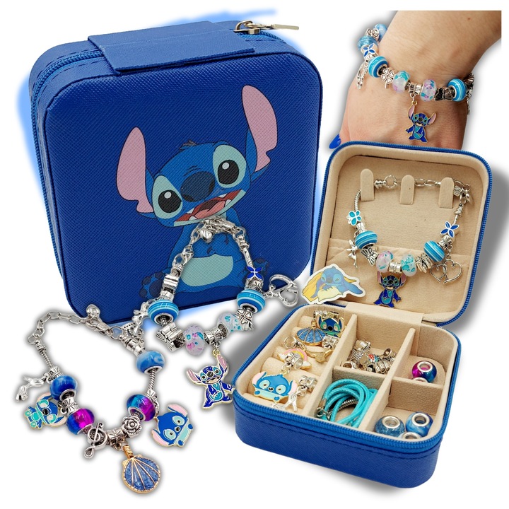 Комплект бижута GALAXIA® Направи си сам, 37 части, тема Stitch, гривни и колиета, елегантна кутия, подарък за момичета, +6 години, многоцветен