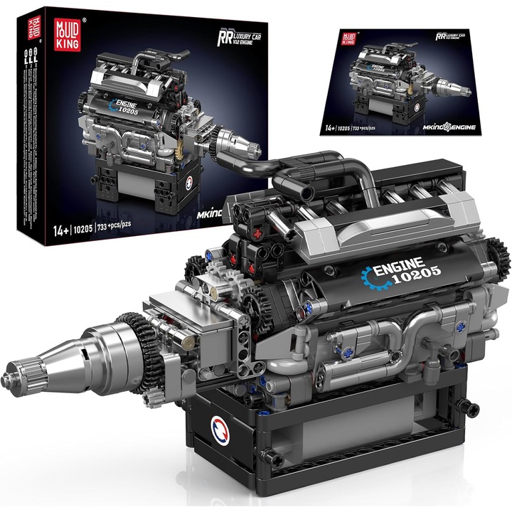 Set de constructie, Mould King,10205, Rolls-Royce V12 Motor,733 piese, 26.1x10.6x14.7 cm, pentru baieti si fete peste 14 ani