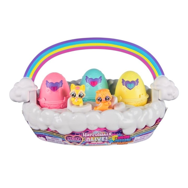 Комплект фигурки в кошница, Hatchimals, Alive Neon Rainbow Basket
