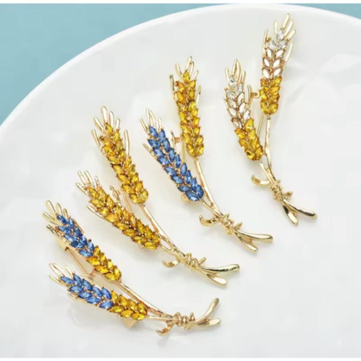 Brosa bijuterie, spic de grau, auriu albastru, 6.1x3.3 cm