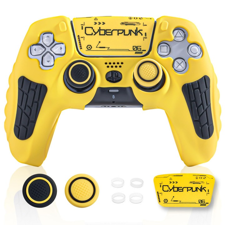 Husa de Silicon Anti-Alunecare pentru Controller PS5 - Set Completa cu Capace pentru Manete, Protectii Analogice si Autocolant (Galben)