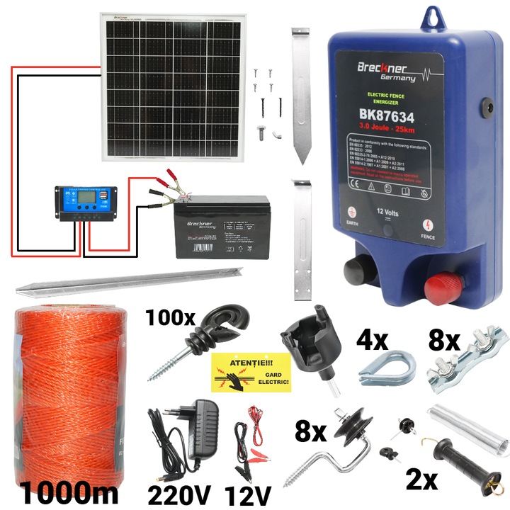 Kit pachet gard electric 3 Joule 12 220V panou solar baterie 7ah 1000m + accesorii (BK87634-1000-04-7ah)
