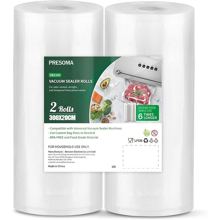 Set 2 Role Pungi De Vidat Gofrate, 20 x 300 cm, pentru aparat de vidat alimente, compatibilitate universala, Fara BPA, Umiditate -rezistent si mucegai, rezistenta la inghet si caldura, Reutilizabile, Rezistente