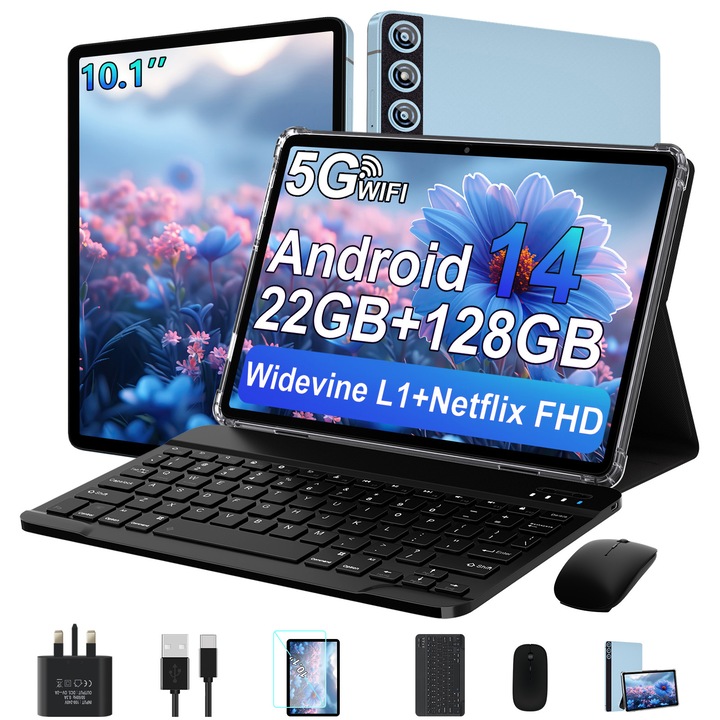 Tableta 10 inchi Android 14, marca ZIOVO, cu 22GB RAM+128GB ROM (TF 1TB), WiFi 5G tablet, Widevine L1/Octa-Core 2.0GHz/8000mAh/BT 5.0/8+5 MP, Tableta cu Carcasa, Tableta cu Tastatura si Mouse, Albastru