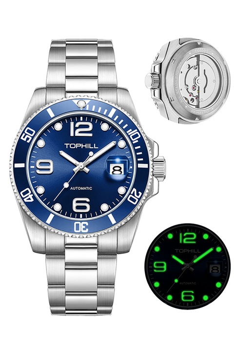 TOPHILL Ceas automat barbati, ceas mecanic barbati, cu carcasa din otel inoxidabil si cristal de safir, inchizator cu catarg fluture, diametru de 41mm, rezistent la apa, Albastru
