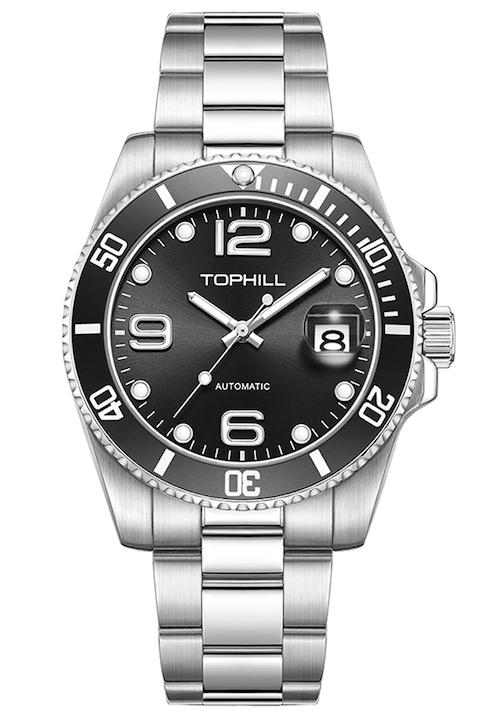 Мъжки часовник TOPHILL, автоматичен механичен, сапфирено стъкло, каишка от неръждаема стомана, диаметър 41 мм, водоустойчив 3ATM, черен