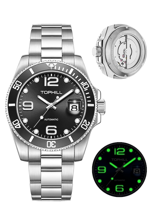 TOPHILL Ceas automat barbati, ceas mecanic barbati, cu carcasa din otel inoxidabil si cristal de safir, inchizator cu catarg fluture, diametru de 41mm, rezistent la apa, Negru