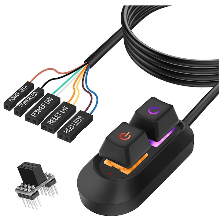 Buton de pornire PC, buton mecanic, comutator de alimentare desktop, lumina LED, cu comutator de resetare a placii de baza a computerului, prelungitor de 200 cm, negru