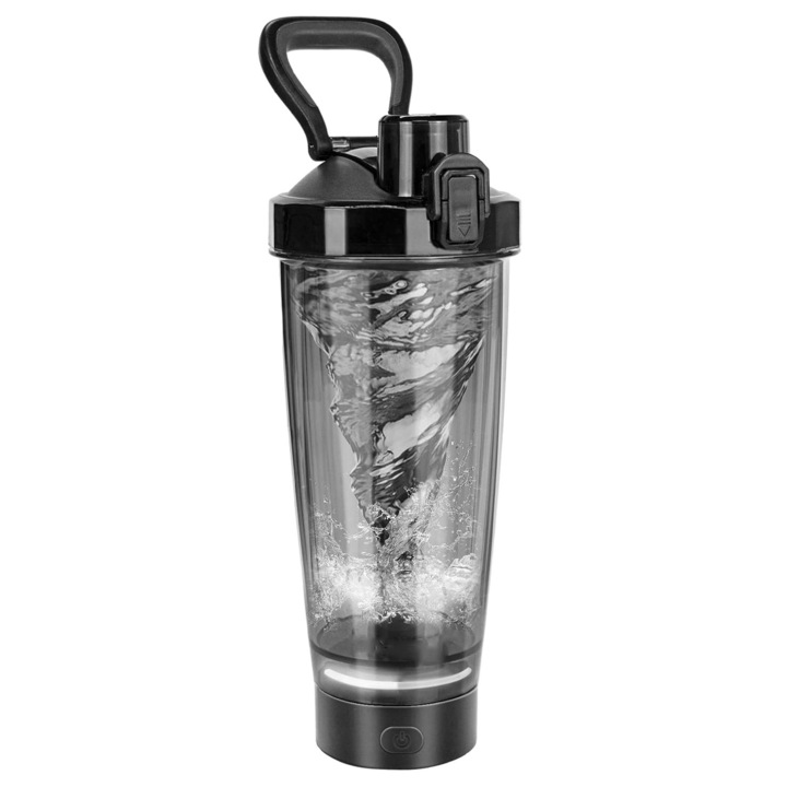 Електрически фитнес шейкър, Puepoul, с USB зареждане, за протеини, смутита, кафе, 600 мл, без BPA, черен