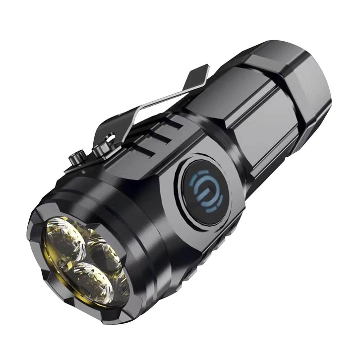Többfunkciós hordozható LED lámpa, 3 fokozatú, Type-C töltés, fekete, mini