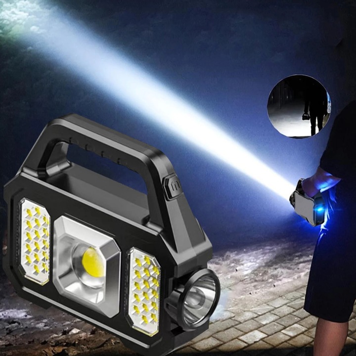 Lanterna portabila cu LED COB ZYBLSSBB LSM4764-BCS0356537, 1000 lm, baterie 1800 mAh, incarcare solara si USB, rezistenta la apa, Multicolor