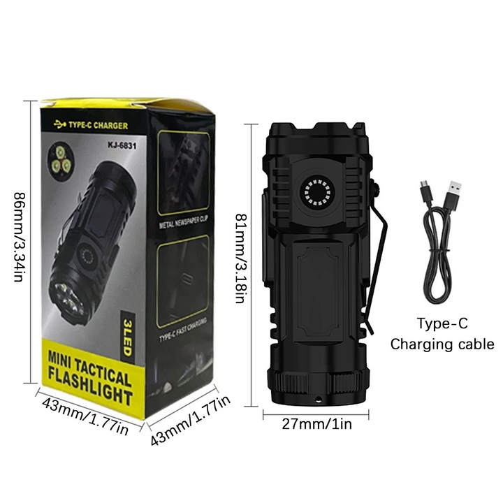 Мини многофункционален преносим фенер с щипка за шапка, 3 светодиода, бързо зареждане Type-C, водоустойчив, черен
