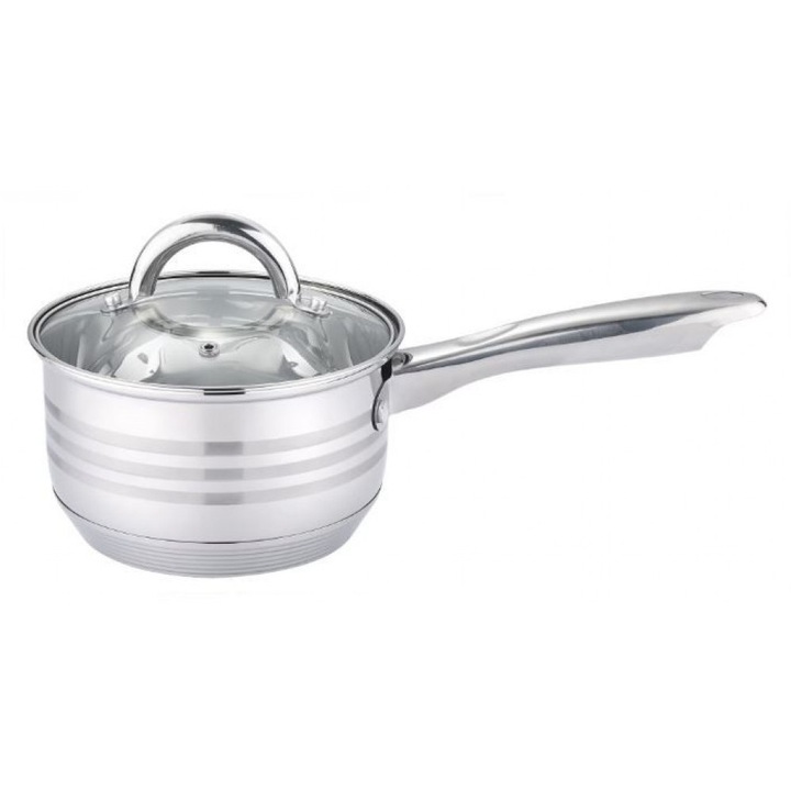 Касерола с капак Bohmann, Неръждаема стомана, Индукция, Капацитет: 1.2 литра, Топлоустойчиво стъкло, Размер: 14 сантиметра, Цвят: Сребрист