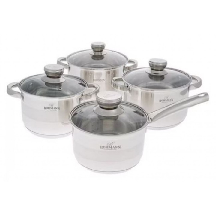 Комплект тенджери Bohmann, Неръждаема стомана, Индукция, Размери: 16см/18см/20см/22см, Цвят: Сребрист