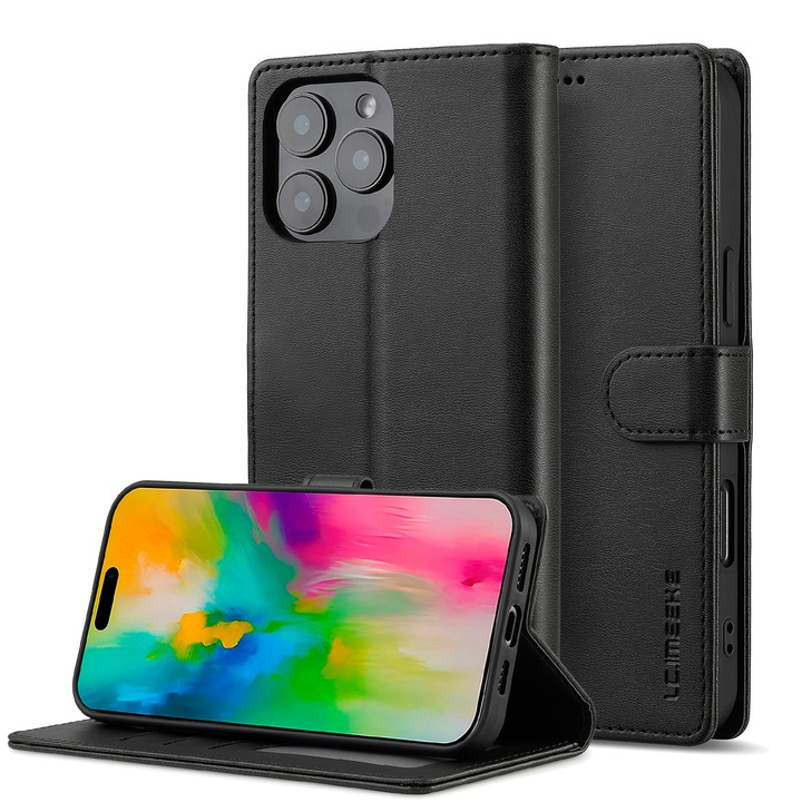 Калъф за iPhone 16 Pro, CaseMe, кожа, тип портфейл, магнитно закопчаване, стойка, мека поддръжка в цвета на кейса, цвят черен