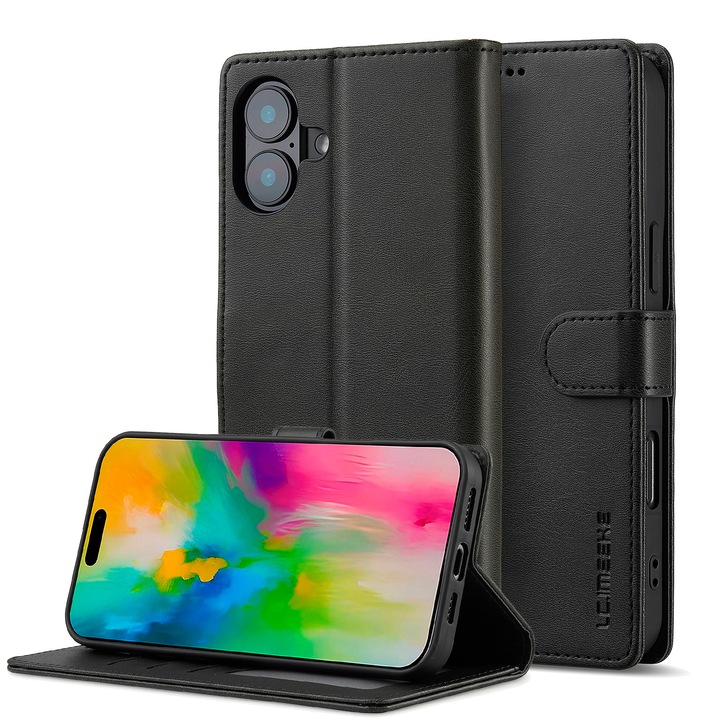 Кейс за iPhone 16 Plus, CaseMe, кожа, тип портфейл, магнитно закопчаване, стойка, мека поддръжка в цвета на кейса, цвят черен