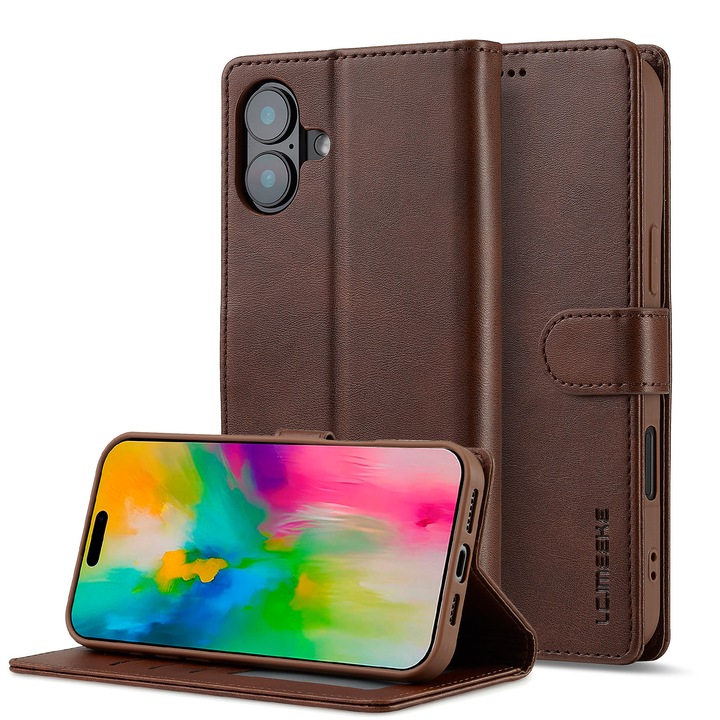 Кейс за iPhone 16 Plus, CaseMe, кожа, тип портфейл, магнитно закопчаване, стойка, мека поддръжка в цвета на кейса, цвят Кафеено кафяво
