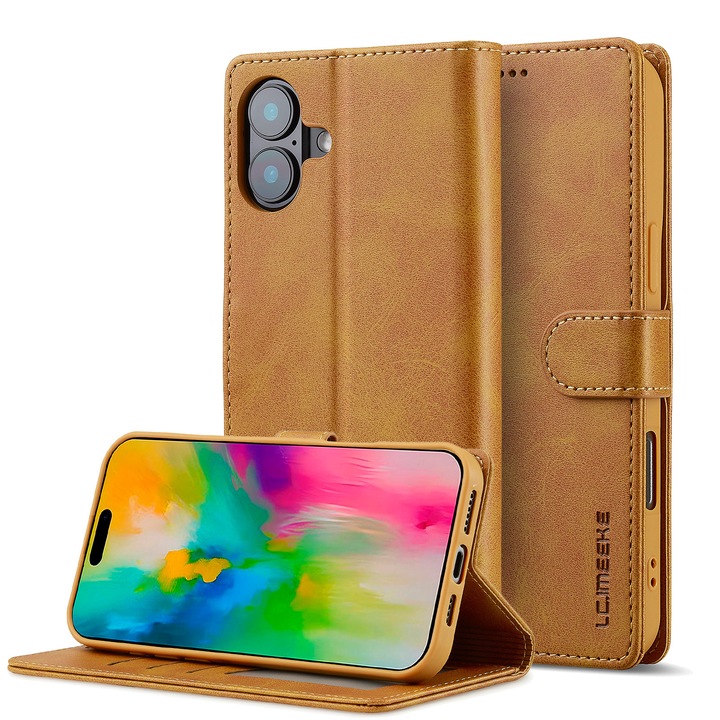 Кейс за iPhone 16 Plus, CaseMe, кожа, тип портфейл, магнитно закопчаване, стойка, мека поддръжка в цвета на кейса, цвят Кафяв