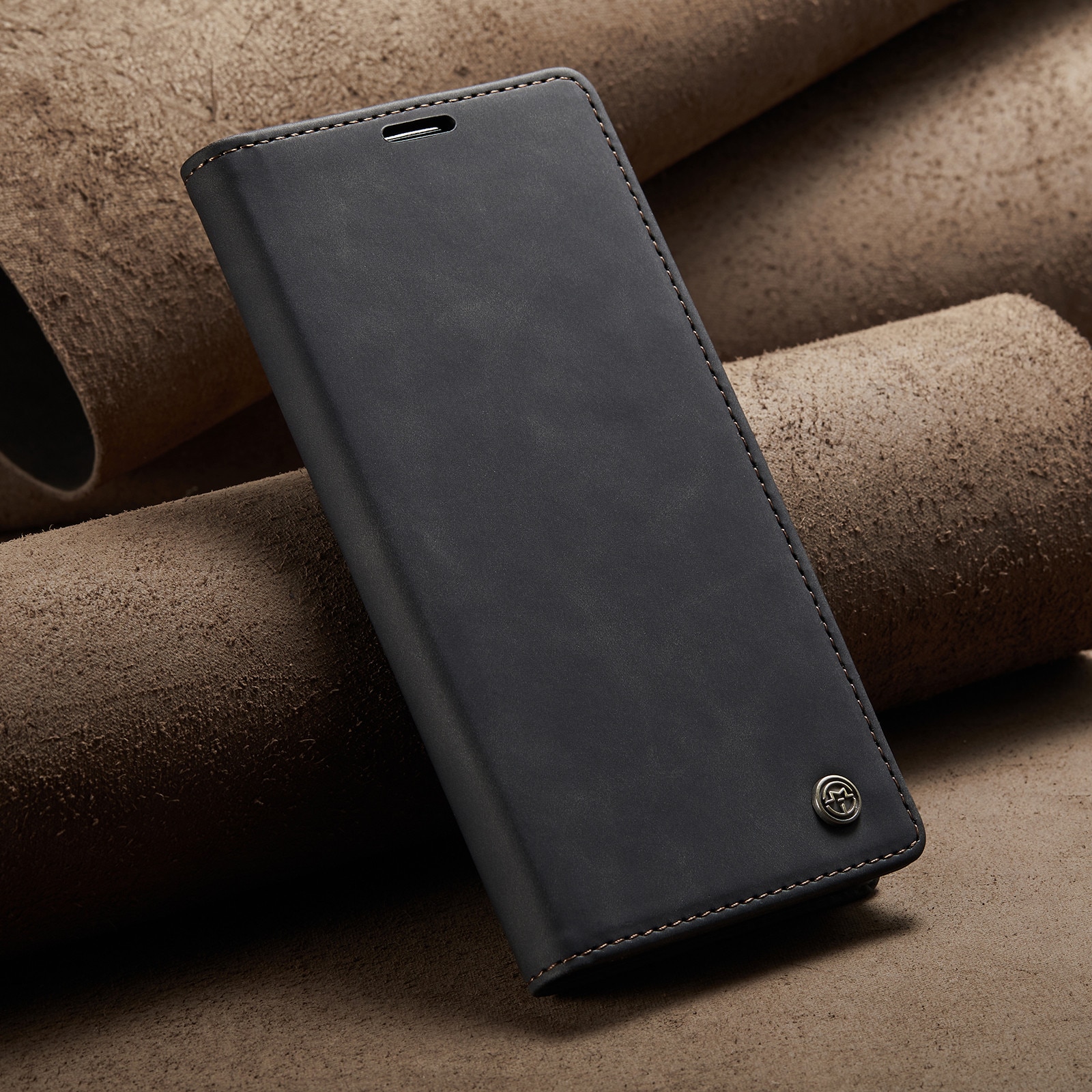Husa pentru Samsung Galaxy A56, CaseMe, slim piele, tip portofel, stand, inchidere magnetica, textura catifelata, Negru