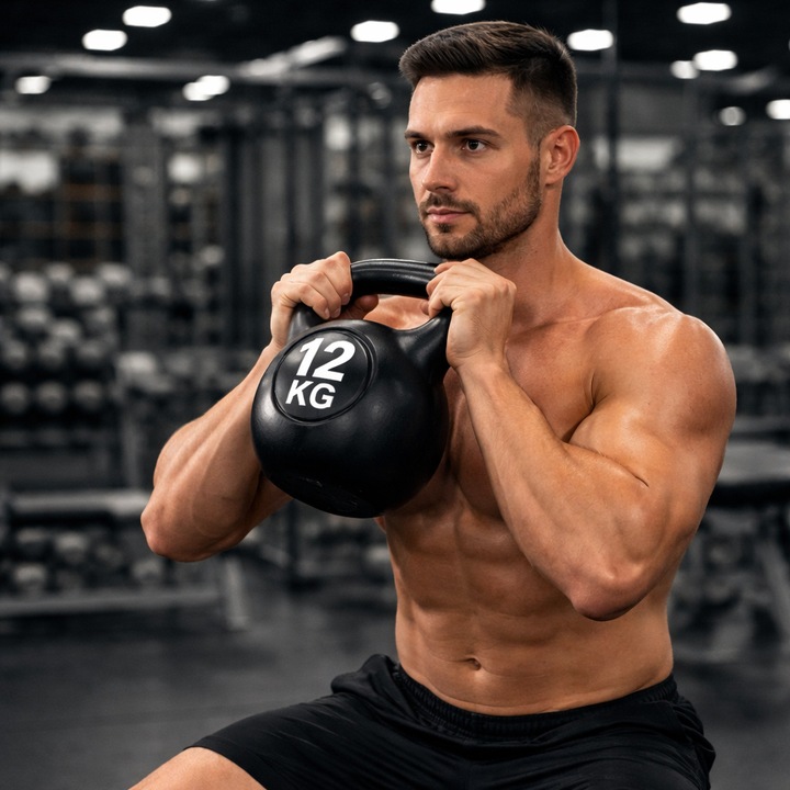 Gantera idealSTORE 12 kg, Material Exterior Plastic cu Umplutura de Ciment, pentru Profesionisti si Amatori, Maner Ergonomic, Antrenamente de Forta, Echilibru si Mentinere, Forma Unica - Kettlebell, Antreneaza Partile Profunde ale Corpului