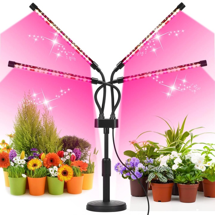 Lampa UV pentru Cresterea Plantelor 10W, OPTIM SOLUTION, 4 Capete, Potrivit pentru Intregul Ciclu, 96 LED-uri, 9 Nivele Lumina Mov, Timer, Dezvoltare Accelerata, pentru Plante de Interior, USB, Ajustabila pana la 65cm, XTO