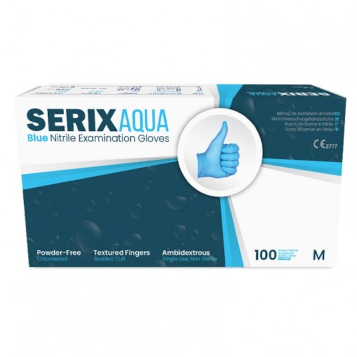 Set 100 Manusi Examinare Nitril Albastre, Nepudrate, Serix Aqua (M)