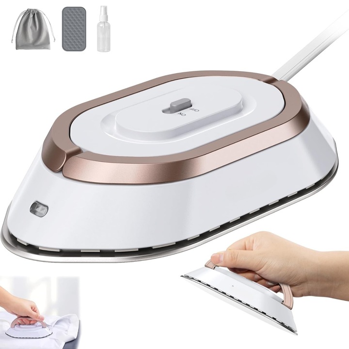 Fier de calcat mini Portabil, Ideal pentru calatorii, Dasbo®, Compact si Usor, cu tensiune universala 100-240V, Uscat - fara abur, Talpa Ceramica antiaderenta, cu sticla de pulverizare, Saculet de transport si Suport de silicon