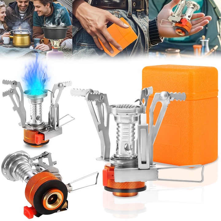 Soba de tabara rezistenta la vant 3000W, Aragaz de camping, Puepoul, Aprindere piezo, Portabila pliabila, Ragaz de camping pentru drumetii si gatit in aer liber, Argintiu