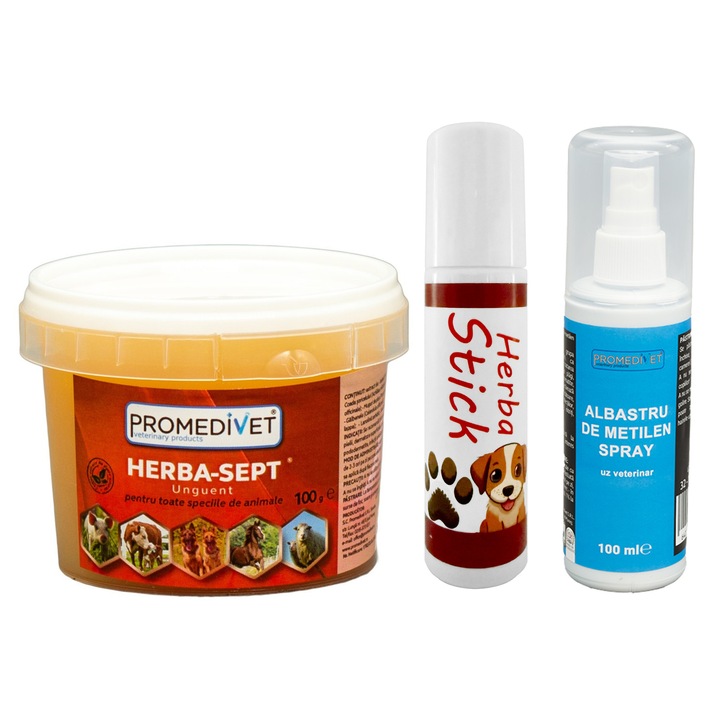Pachet Ingrijire Unguent Herba Sept, adjuvant in plagi, infectii ale pielii, dermatoze superficiale, arsuri, 100g, Stick Roll On pentru caini, hidrateaza, calmeaza si previne uscarea, craparea si zgariatul labelor, 10ml si Albastru de Metilen Spray, 100ml