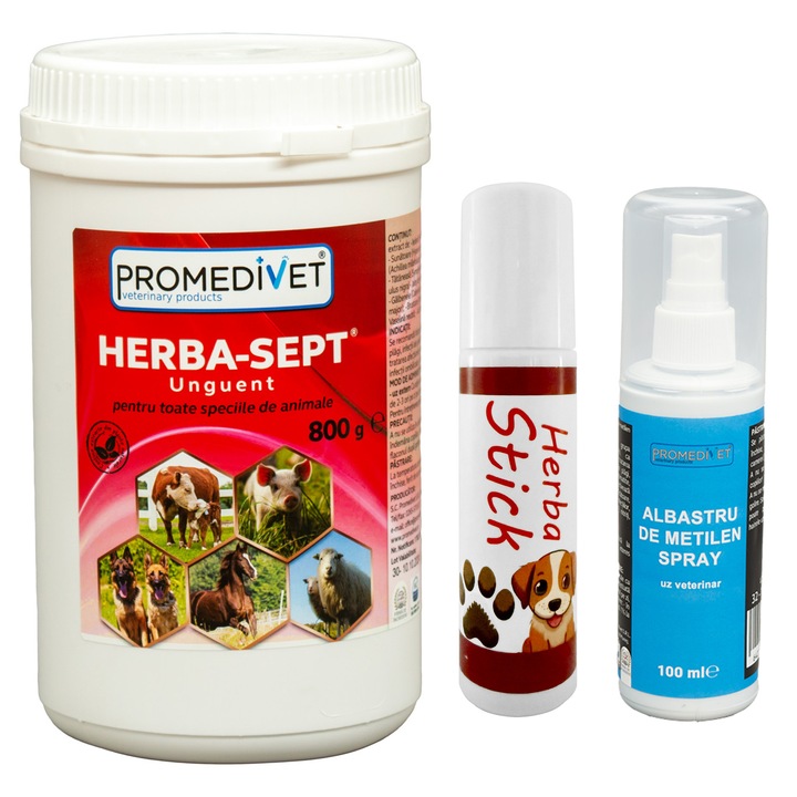 Pachet Ingrijire Labute si Corp Albastru de Metilen 1% Spray, 100ml, Unguent cicatrizant Herba-Sept 800g si Stick Roll On pentru caini, hidrateaza, calmeaza si previne uscarea, craparea si zgariatul labelor, leziunile existente, flacon de 10ml