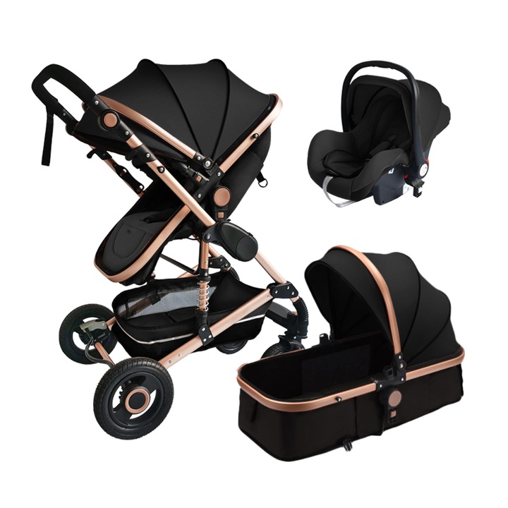 Carucior copii 3 in 1, cu landou si scaun auto, Negru