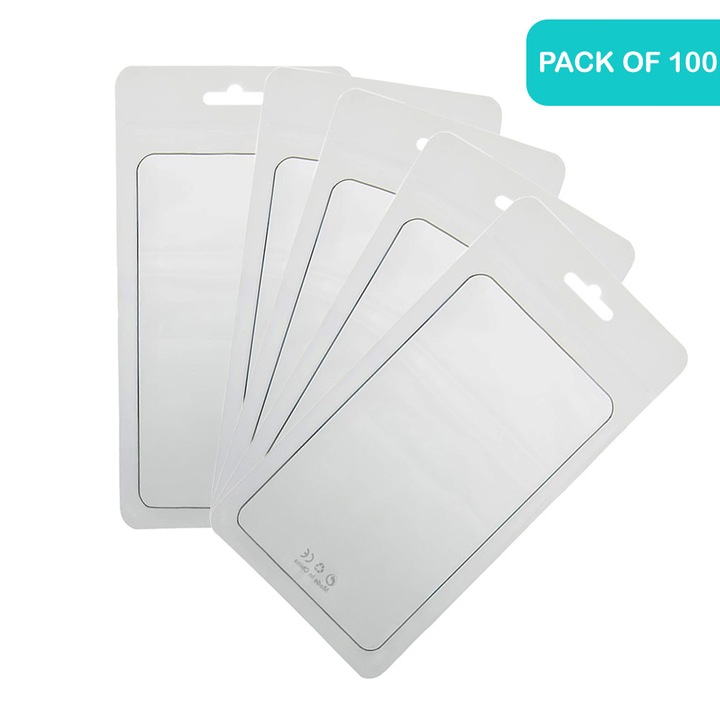 Set 100 x Ambalaj pentru Husa Telefon / Smartphone, OPTIM SOLUTION, pentru Accesorii Mobile, Piese Mici, Polythene, Inchidere Sigura si Practica, Material de Calitate, Rezistenta, Usoara, Flexibila, Reutilizabila, Industrie Electronica, Versatila, Alba