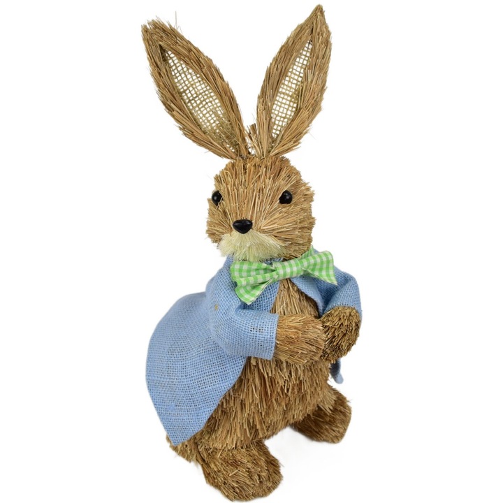 Сламен заек в синьо палто 39 см