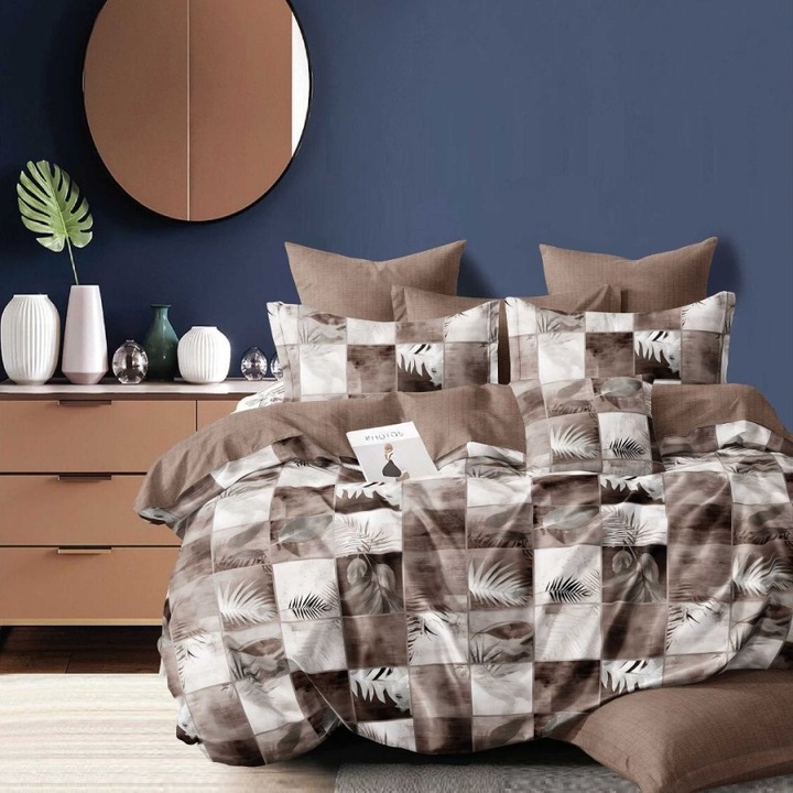 Lenjerie pat dublu cu carouri bej-maro, 4 piese, 220 x 230 cm, Lenjerii Deosebite, ECN10