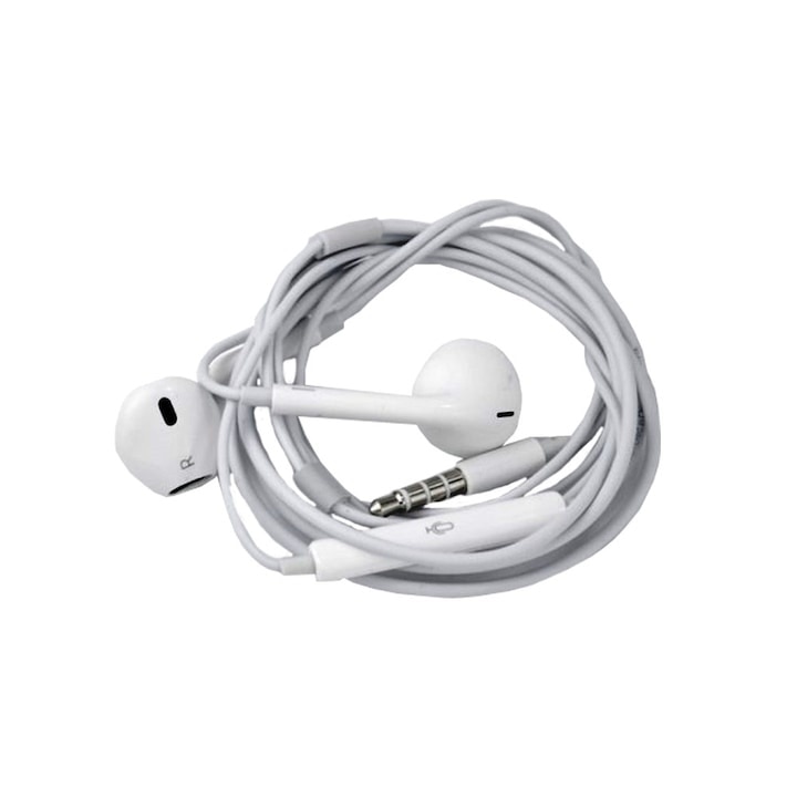 Casti In ear cu microfon, conexiune Jack 3.5 mm, sunet clar si baza puternica, design ergonomic si confortabil, control integrat pentru apeluri si muzica, alb