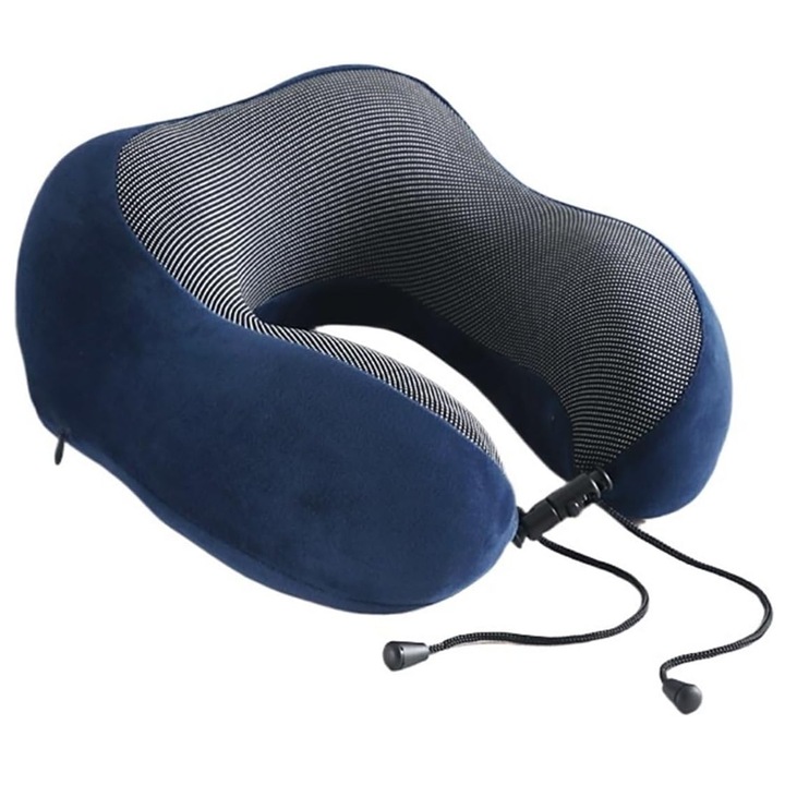 Perna de Calatorie, Perna din Spuma cu Memorie, SINBINTA, Accesoriu de Voiaj pentru Drumuri Lungi, Alunga durerea cervicala, Relaxare, Ajustabila, Pentru avion si masina, Velur/Bumbac, 28x24x14cm, Albastru/Negru