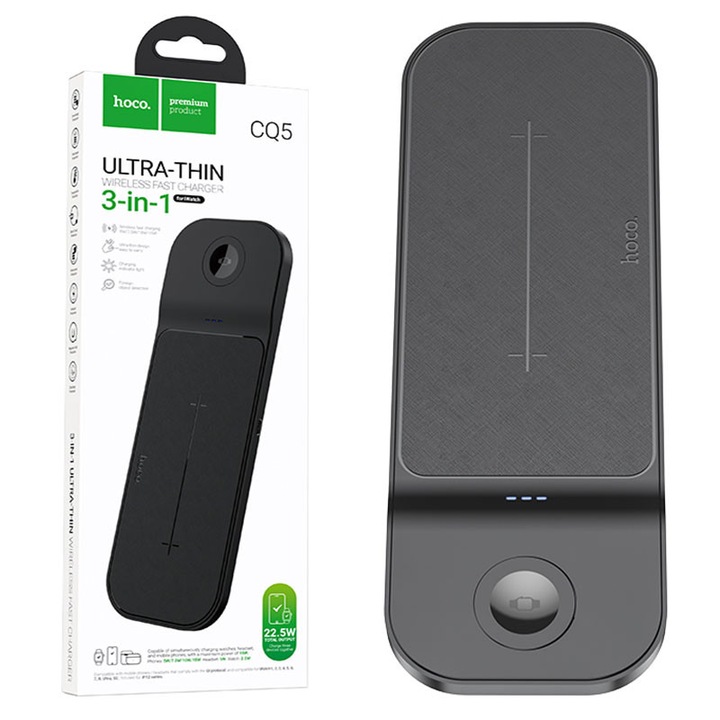 Statie Incarcare Wireless Hoco (CQ5), Magsafe, 22.5W, 5V, 3A, Qi Charging, AP Series, 3 in 1, Black