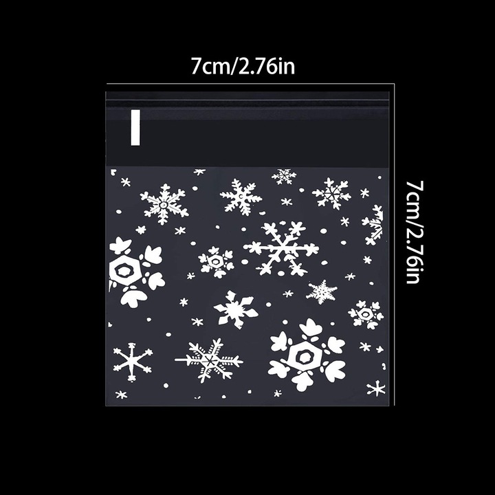 Pungi cadou autoadezive din celofan cu fulgi de nea, set, pentru gustari si suveniruri, transparente, 30x45cm