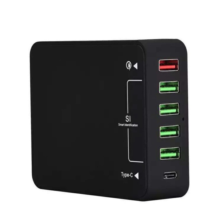 Statie de Incarcare Universal, 1 Port USB-C, 5 x USB-A, QC 3.0, Design Compact, Ideal pentru Laptopuri, Smartphone-uri si Calatorii, Negru