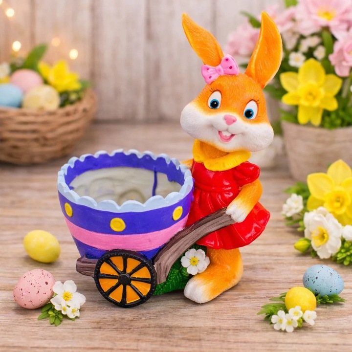 Decoratiune din rasina Bunny, iepuras fetita si carut tip ghiveci, 24cm, Rosu, Velve