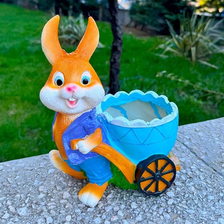 Decoratiune din rasina Bunny, iepuras baiat si carut tip ghiveci, 24cm, Albastru, Velve