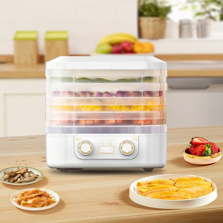 Deshidrator de alimente cu 6 tavi, digital, pentru fructe si carne, multicolor, 200W