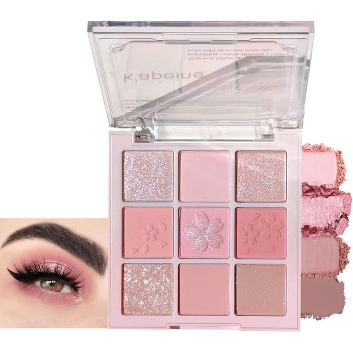 Paleta de fard de pleoape 9 nuante, roz-nude, mat si stralucitor, rezistent la apa, pentru femei