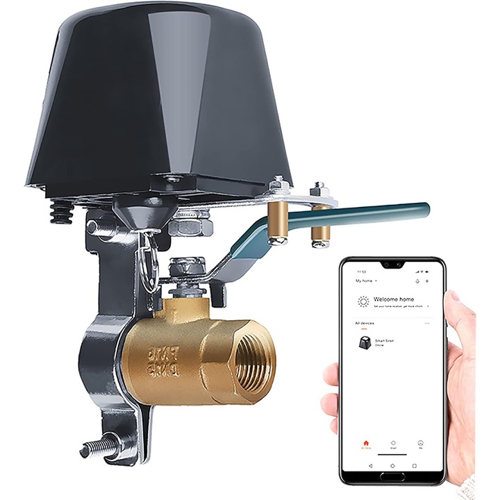 Electrovalva inteligenta WiFi, SuooTci, control prin aplicatie, senzor de umiditate, negru, 13x12x9cm, set