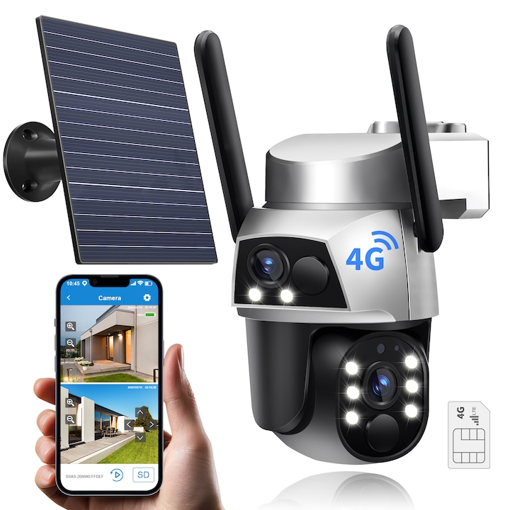 Двойна камера, Соларен панел, 4G SIM, 4MP, За външна употреба, 8000 mAh батерия, 6W соларен панел, Ultra HD, 4X увеличение, Осветление, Инфрачервени светодиоди, Двупосочна комуникация, Аларма