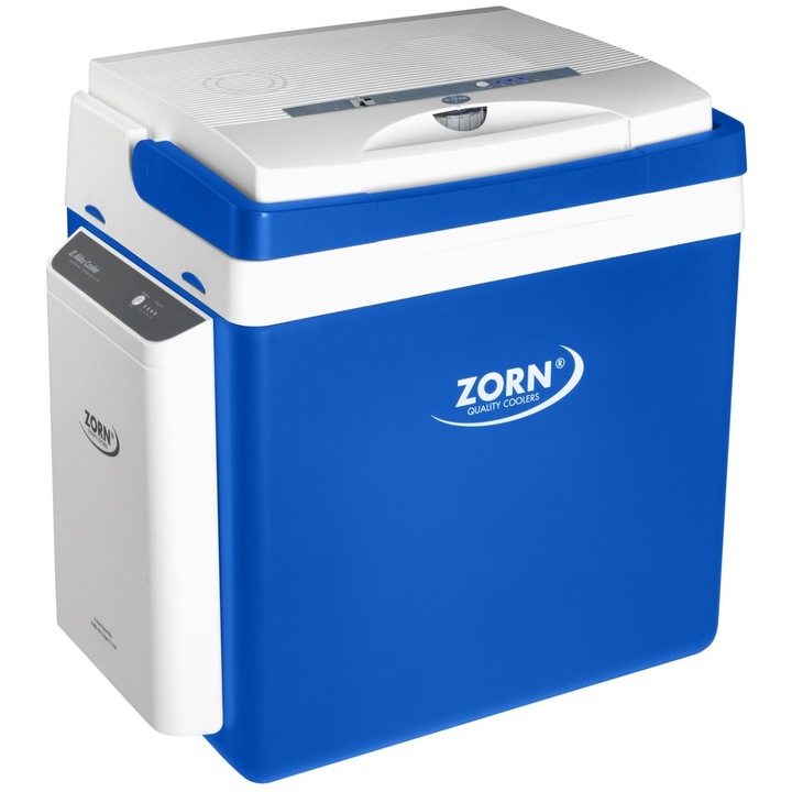Охладител за кола и къмпинг ZORN Z 26 LNE, 25 литра, 12V/230V захранване + 7.8 Ah Li-ion външен акумулатор, охлаждане-отопление, бяло-син