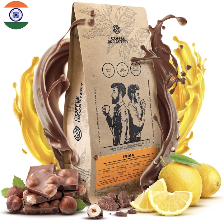 Кафе на зърна, Coffee Broastery India Karnataka Premium, Прясно изпечено, Арабика, 400 г