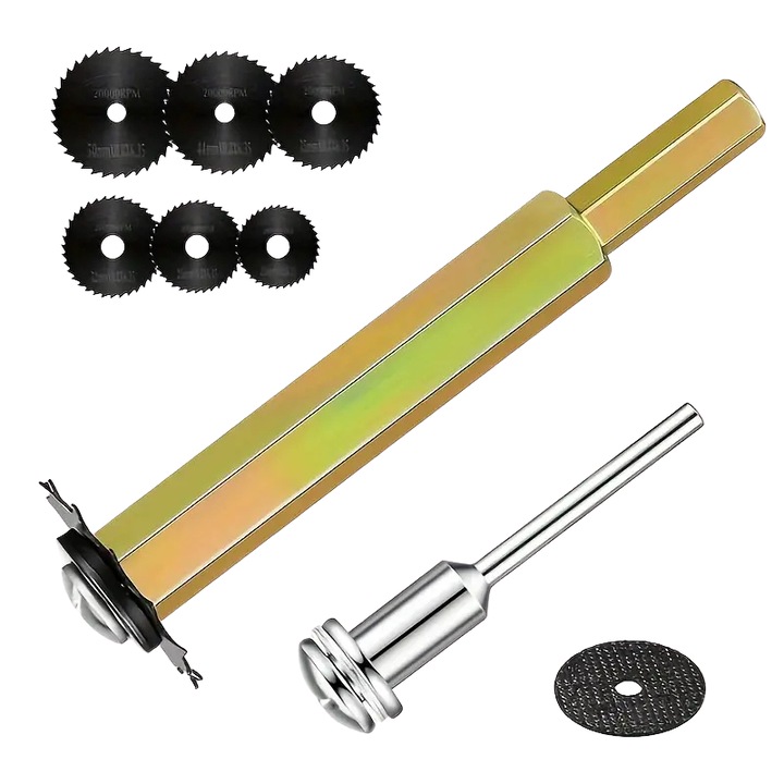 Set adaptoare pentru masina de gaurit si polizor drept, cu 6 discuri pentru taiat tevi PVC si lemn - 9 piese