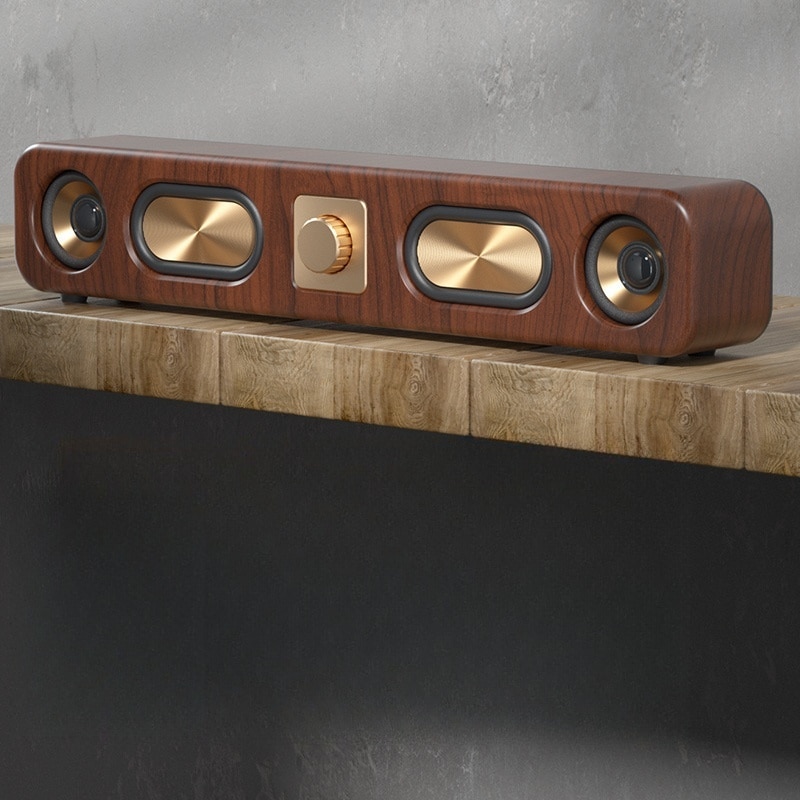 Difuzor bar, Bluetooth 5.0, 4 difuzoare mari, reglare volum, sunet surround, TF/USB/AUX, 2400mAh, stil retro, autonomie mare a bateriei, culoarea lemnului