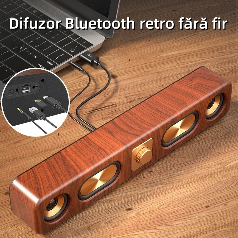 Difuzor bar, Bluetooth 5.0, 4 difuzoare mari, reglare volum, sunet surround, TF/USB/AUX, 2400mAh, stil retro, autonomie mare a bateriei, culoarea lemnului